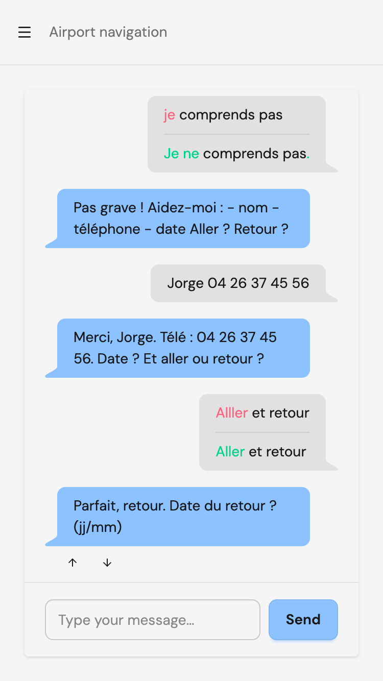 French airport navigation conversation with instant grammar corrections
